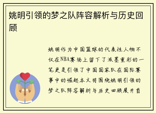 姚明引领的梦之队阵容解析与历史回顾